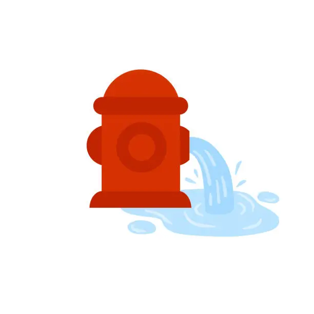 Vector illustration of Fire hydrant. Flat cartoon illustration. Red icon of fire fighting tool. Jet of water. Leak and puddle