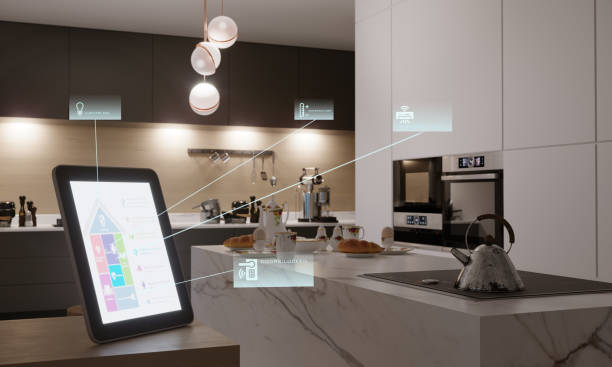 Smart Home Control In Kitchen Smart home control in kitchen interior in the evening. ( 3d render ) link house stock pictures, royalty-free photos & images