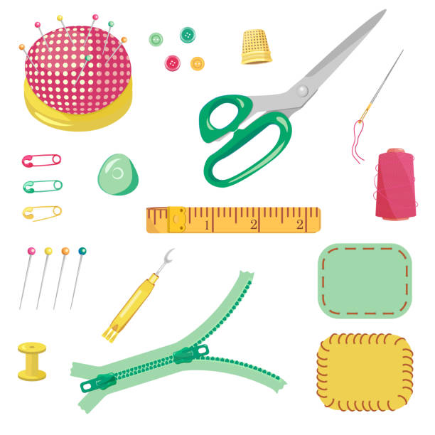 ilustrações de stock, clip art, desenhos animados e ícones de set of sewing items isolated - needle craft sewing making