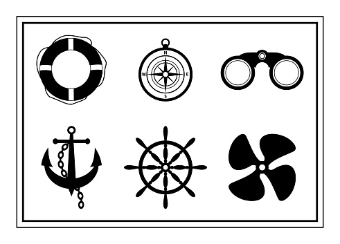 Vector set of black realistic nautical icons. Lifebuoy, compass, anchor with chain, steering wheel, binoculars and ship propeller on a white background