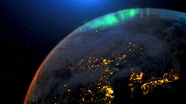 Earth from space night skyline. The globe spinning on satellite view space travel. Realistic 3d rendering animation. elements of this image furnished by NASA.
