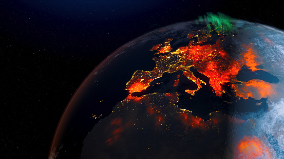 base elements of this image by NASA. Create 3d rendering animation by mix imagery land surface , night light ,fire and cloud and generate aurora light, thunder layer by after effect . \nsource :\nhttps://earthobservatory.nasa.gov/global-maps/MOD14A1_M_FIRE\nhttps://eoimages.gsfc.nasa.gov/images/imagerecords/144000/144898/BlackMarble_2016_01deg.jpg\nhttps://visibleearth.nasa.gov/images/73580/january-blue-marble-next-generation-w-topography-and-bathymetry