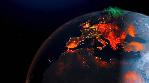 Concept of Earth wildfire view from space rotation day to night skyline. Greenhouse gas effect. Realistic 3d rendering animation. elements of this image furnished by NASA. base elements of this image by NASA. Create 3d rendering animation by mix imagery land surface , night light ,fire and cloud and generate aurora light, thunder layer by after effect . 
source :
https://earthobservatory.nasa.gov/global-maps/MOD14A1_M_FIRE
https://eoimages.gsfc.nasa.gov/images/imagerecords/144000/144898/BlackMarble_2016_01deg.jpg
https://visibleearth.nasa.gov/images/73580/january-blue-marble-next-generation-w-topography-and-bathymetry global warm stock pictures, royalty-free photos & images