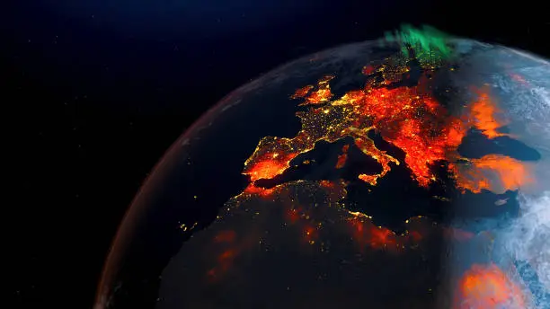 Photo of Concept of Earth wildfire view from space rotation day to night skyline. Greenhouse gas effect. Realistic 3d rendering animation. elements of this image furnished by NASA.