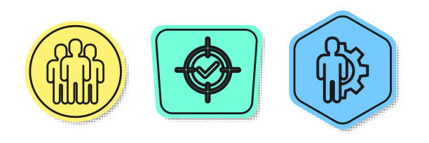 legen sie linie benutzergruppe, ziel und häkchen und mensch mit ausrüstung innen. farbige formen. vektor - archery target sport sport computer icon stock-grafiken, -clipart, -cartoons und -symbole