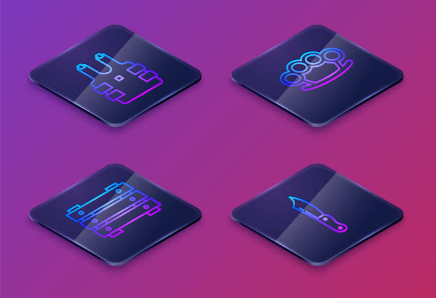 istock Set Isometric line Bulletproof vest for protection from bullets , Military ammunition box, Brass knuckles and Military knife . Blue square button. Vector 1310122003