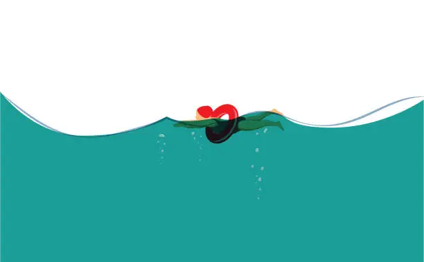 Vector illustration of The little girl with a red swimming cap and ring is swimming in the pool.