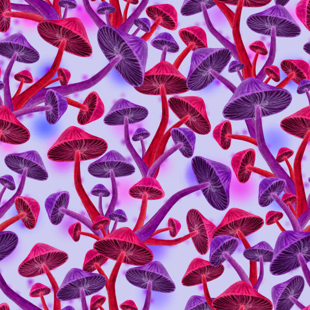 매직 버섯 숲 원활한 패턴, 핑크 네온 두꺼비 도구 - 알광대버섯 stock illustrations