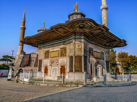 Fountain of Ahmed III in the city square in Istanbul (Turkey). Famous turkish landmark on autumn sunny day