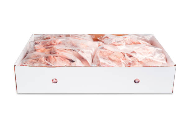 istock Raw meat box for supermarket, retail.Raw chicken backs in a package packed in a box for delivery on a white isolated background. 1310127335
