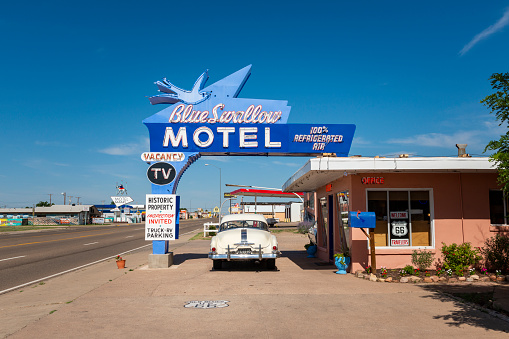Tucumcari, New Mexico - July 9, 2014: The historic Blue Swallow Motel, along the US Route 66, in the city of Tucumcari, New Mexico.