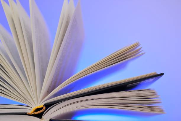 istock Reading books and literature.Open book on a blue background. Close-up book pages.Learning concept. 1310127874