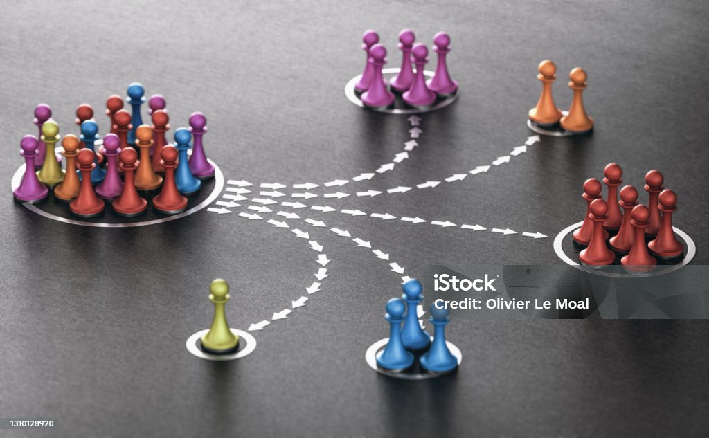Audience segmentation or customer segregation. Marketing concept. 3D illustration of many pawns segmented in different categories over black background. concept of customer segmentation. Order Stock Photo