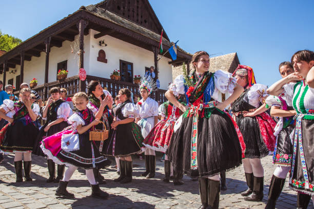 HOLLOKO, HUNGARY - April 12, 2019: Easter festival in the folklore village of Holloko in Hungary. Girls dressed in national costumes according to tradition