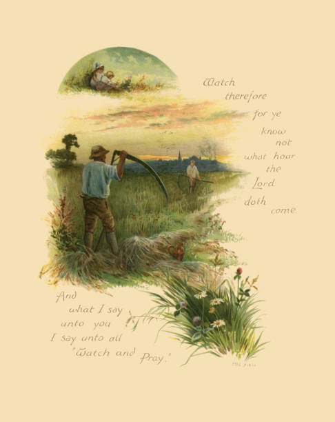 biblisches zitat mit heuentstehungsszene - engraving rural scene engraved image men stock-grafiken, -clipart, -cartoons und -symbole
