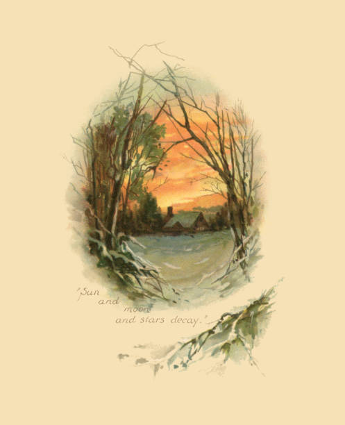 Victorian illustration of a sunset (or sunrise) seen through wintry trees with snow on the ground. It contains the sentiment “Sun and moon and stars decay”. From “Onward! A Scripture Text Book with Poetical Selections for Each Day in the Month” published in London by Ernest Nister and in New York by E.P. Dutton & Company, 1890. Illustrations by Frederick Hines.