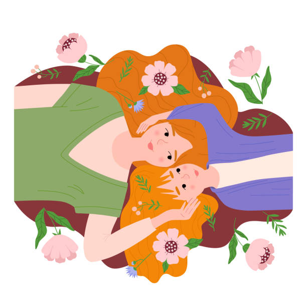 Happy Mother's Day. Mother and daughter with red hair among the flowers. A woman and a little girl lie on their backs, top view. Cute vector illustration in flat style for greeting cards and designs. Happy Mother's Day. Mother and daughter with red hair among the flowers. A woman and a little girl lie on their backs, top view. Cute vector illustration in flat style for greeting cards and designs. daughter stock illustrations