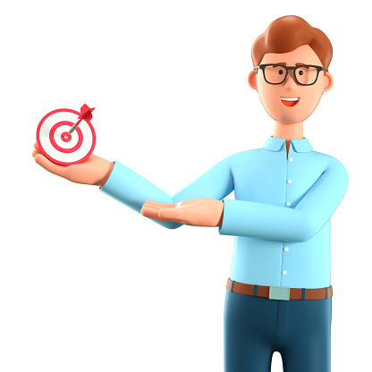 3D illustration of joyful man holding a modern target with a dart in the center and showing arrow in bullseye. Cartoon cheerful businessman reaching goals. Objective attainment, business purposes.