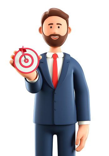 3D illustration of smiling man holding a modern target with a dart in the center and showing arrow in bullseye. Cartoon businessman reaching goals. Objective attainment, business purposes concept.