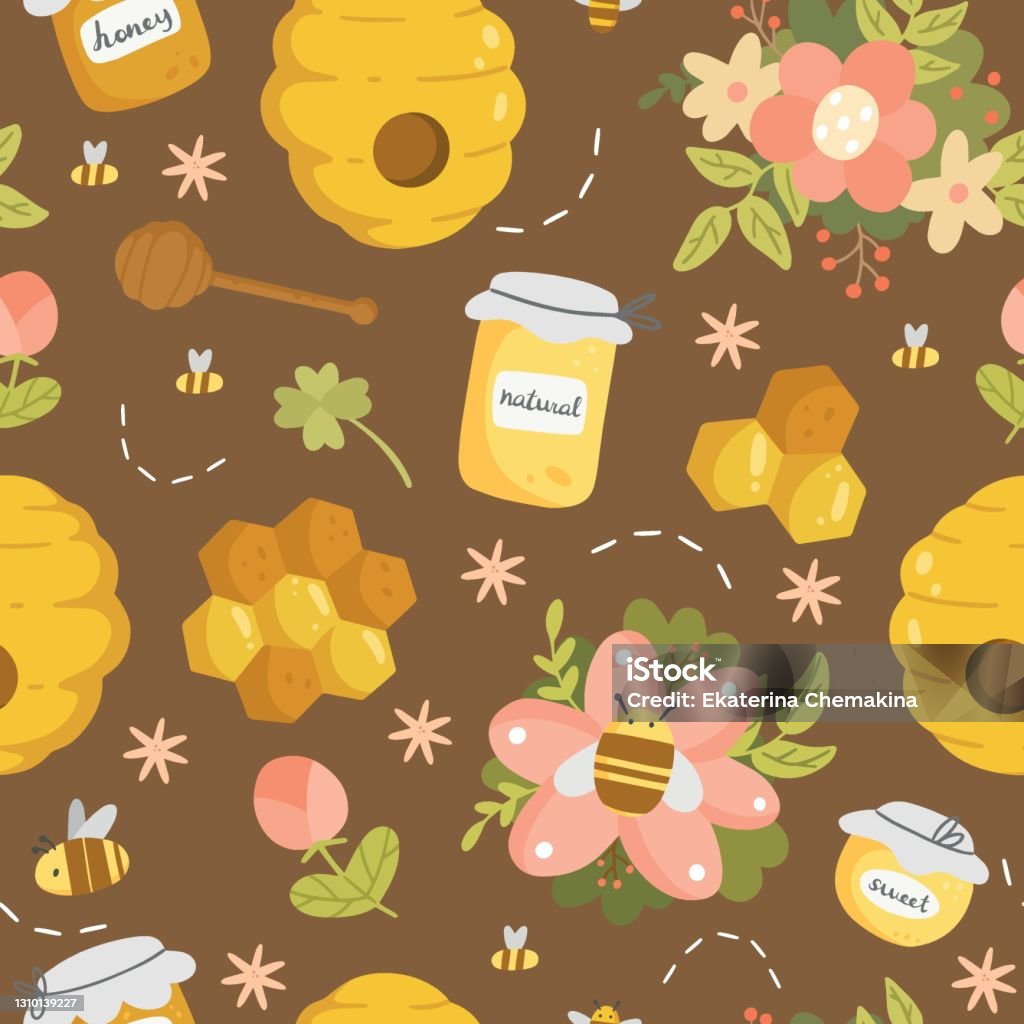 Honey Seamless Pattern With Different Objects In A Cute Cartoon Style  Vector Illustration Pattern With Bees Honey Honeycomb Beehive Flowers On  Brown Background Stock Illustration - Download Image Now - iStock