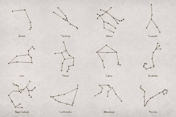 Zodiac signs: Aquarius, Pisces, Gemini, Cancer, Aries, Scorpio, Sagittarius, Leo, Libra, Taurus, Virgo, Capricorn on a starry night sky. Astrology and natal chart, concept