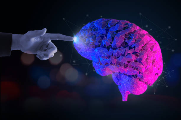 istock Hand touching brain and network connection on glitter bright lights colorful background,copy space for text. 1310140339
