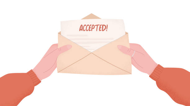 Hands holding paper letter of acceptance in envelope. College admission letter, university entrance mail. Concept of receiving goo EPS 10, vector illustration, can be used for informational articles about education, job search, business. college acceptance letter stock illustrations