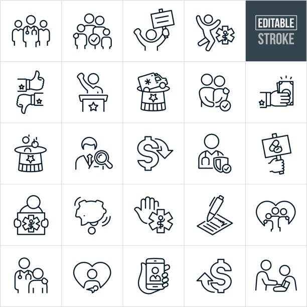 Health Care Reform Thin Line Icons - Editable Stroke A set of government health care insurance and reform icons that include editable strokes or outlines using the EPS vector file. The icons include a group of medical staff, family approved for government health care, health care assistance, protestor protesting for health care, person excited to receive health care coverage, thumbs up and thumbs down in favor and opposing government mandated healthcare, politician at podium in favor of healthcare reform, uncle sam hat, couple approved for government healthcare assistance, government giving money, uncle sam hat collecting taxes to cover health care reform law, doctor search, lower cost, higher cost, person demonstrating for health care reform, financial burden on those subsidizing health care for those who cannot afford it, rejecting health insurance, uninsured, family, doctor with patient, telemedicine, and a person getting a health screening to name a few. inexpensive stock illustrations
