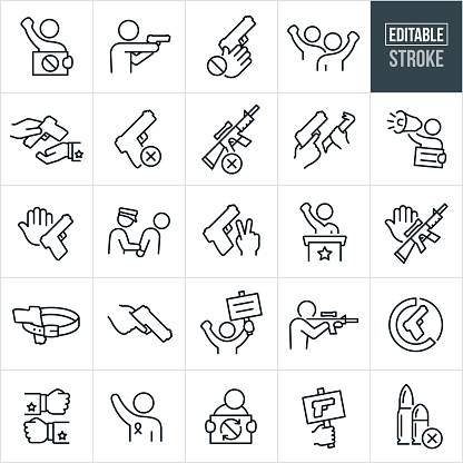 A set of gun rights and gun reform icons that include editable strokes or outlines using the EPS vector file. The icons include a person demonstrating for gun rights or gun control, person aiming a handgun, handgun, handgun safety, demonstrators demonstrating, government taking guns from people, government overreach, government gun control, assault rifle, criminal, crime, gun owner, person demonstrating holding a sign and using a bullhorn, saying no to guns, gun safety, politician lobbying, no to assault rifles, handgun in waistband, hand holding handgun, person aiming an assault rifle, government legislation on gun reform, handgun and assault rifle ammunition and other related icons.