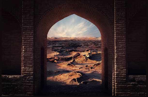 Traditional persian architecture and Dasht-e Lut Desert an sunset. Iran. Persia. Traditional persian architecture and Dasht-e Lut Desert an sunset. Iran. Persia. iranian culture stock pictures, royalty-free photos & images
