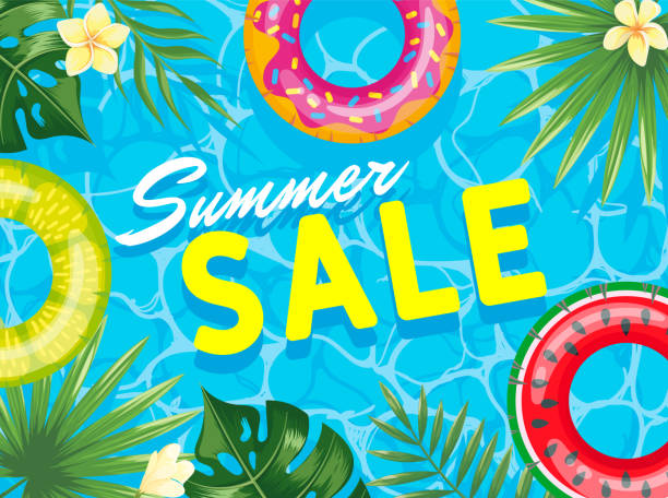 istock Summer sale top view swimming pool with rings 1310146230