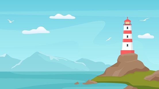 Sea landscape with beacon. Lighthouse tower on coast with rock. Cartoon blue sky with seagulls, shore, ocean waves and mountain vector scene. Illustration beacon landscape, lighthouse sea coast