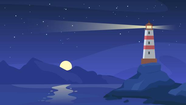 illustrazioni stock, clip art, cartoni animati e icone di tendenza di faro di notte. faro marino con trave sulla costa rocciosa. torre luminosa di navigazione dei cartoni animati sulla riva del mare, cielo stellato e paesaggio vettoriale oceanico - lighthouse