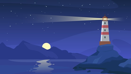Lighthouse at night. Sea beacon with beam on rocky coast. Cartoon navigation light tower on seashore, starry sky and ocean vector landscape. Illustration building guidance, sea coast harbor