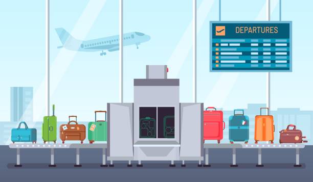Airport baggage scanner. Conveyor belt with luggage and inspection control terminal. Security check for bags and suitcases vector concept Airport baggage scanner. Conveyor belt with luggage and inspection control terminal. Security check for bags and suitcases vector concept. Illustration luggage airport security, check and scanner airport borders stock illustrations
