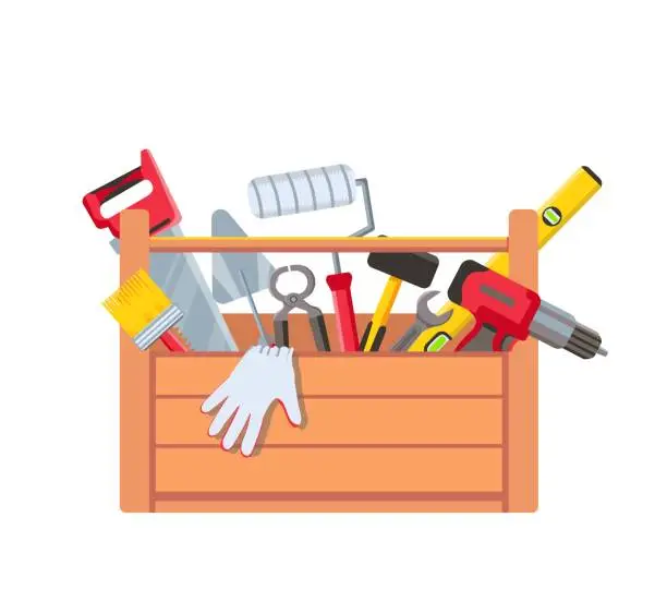 Vector illustration of Toolbox with equipment. Wooden toolkit box with saw, drill, brush trowel and building level. House repair tools. Maintenance vector concept