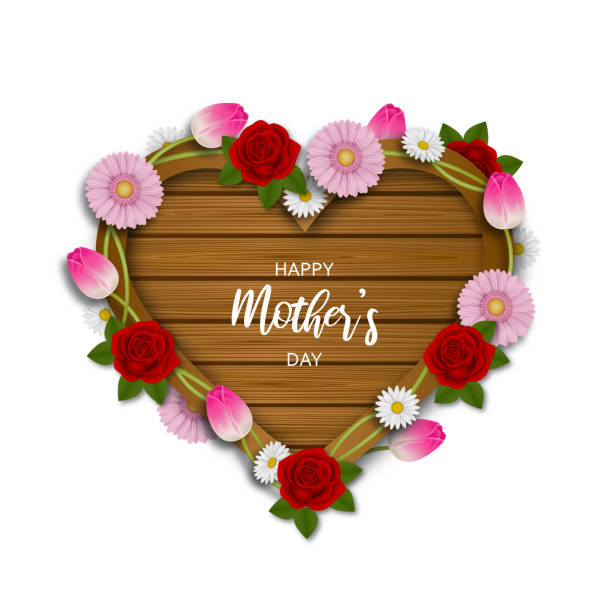 어머니의 날 프레임. 꽃이 있는 하트 모양의 나무 간판 - bouquet tulip greeting card gerbera daisy stock illustrations