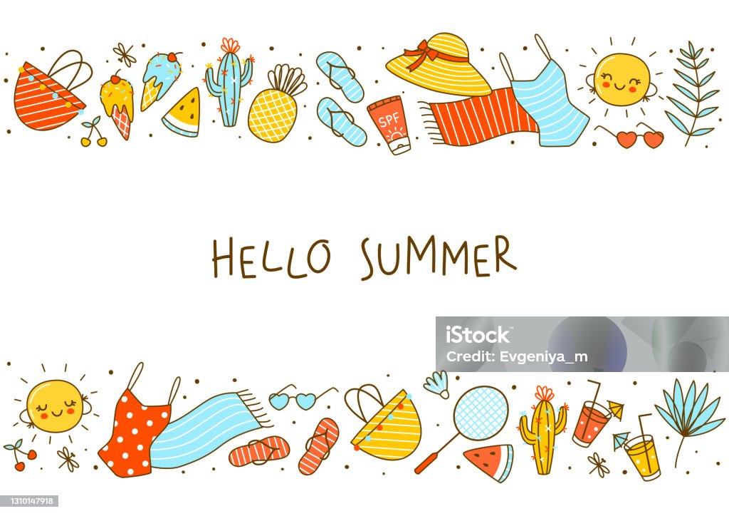 Border Background With Cute Summer Items Isolated On White Cartoon Objects  For Happy Beach Design Stock Illustration - Download Image Now - iStock