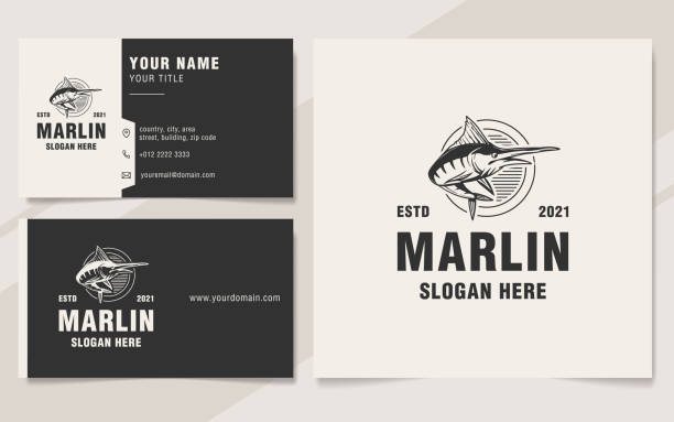 ilustraciones, imágenes clip art, dibujos animados e iconos de stock de estilo monograma de plantilla de logotipo marlin vintage - tarjeta de negocios