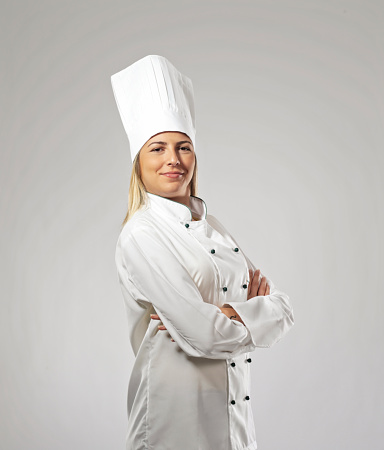 Female chef portrait on white background