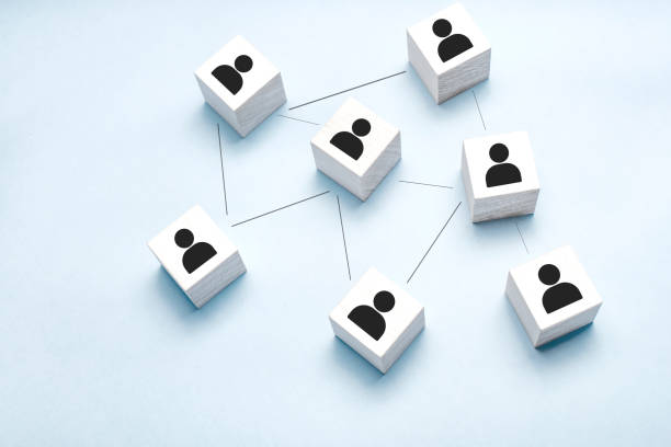 istock Organization structure, team building, recruitment, business management and human resources concepts. Person icons on wooden cubes linked to each other. 1310151489