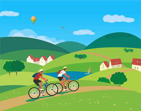 Couple Travelling by Bicycles on Green Farmland vector. Landscape village rural houses community cartoon. Hand drawn carefree tourist trip summer countryside background. Vacation travel illustration