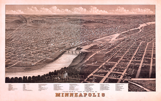 Vintage illustration features a 19th century aerial panoramic view of Minneapolis, Minnesota, looking northwest. Includes a map legend with key locations around Minneapolis.