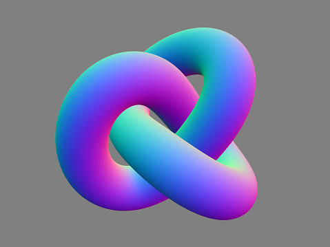 Abstract colorful object isolated on gray background. Geometrical representation of a torus knot shape. 3d rendering illustration