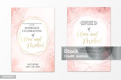 istock Wedding invitation template on dusty pink liquid watercolor background with golden lines and frame. Pastel blush marble alcohol ink drawing effect. Vector illustration of romantic card design 1310158917