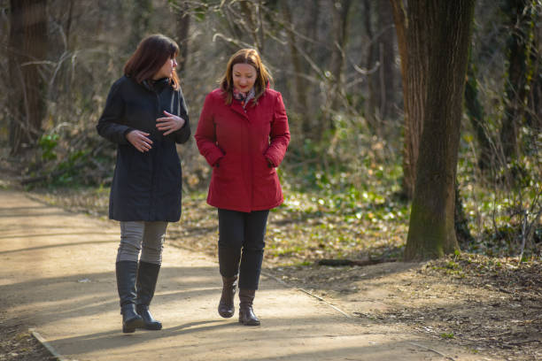 istock Two friends walking and talking in the park 1310159554