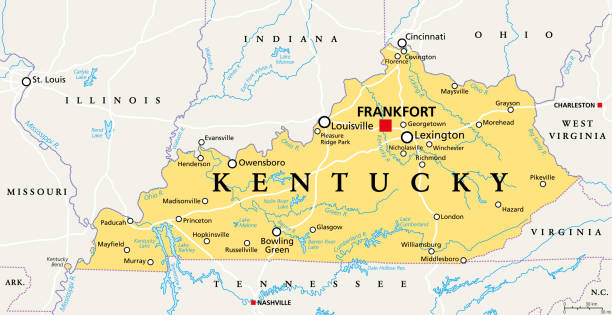 Kentucky, KY, political map, Bluegrass State, Southeastern US state Kentucky, KY, political map with capital Frankfort and largest cities. Commonwealth of Kentucky. State in the Southeastern region of the United States of America. Bluegrass State. Illustration. Vector tennessee map stock illustrations