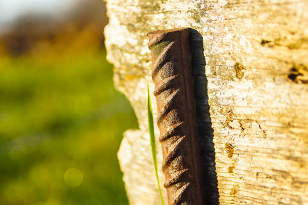 Metal rod on a wooden board, wooden board is supported by a metal rod, metal support, blurred background
