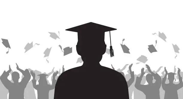 Vector illustration of Silhouette graduate on background of cheerful group people throwing mortarboard. Graduation ceremony. Vector illustration.