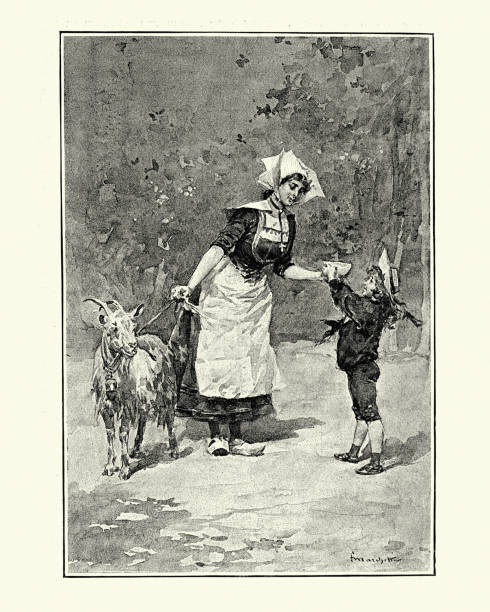 chłopiec dostaje miskę pełną mleka koziego, wiktoriański 19th century - surowe mleko stock illustrations